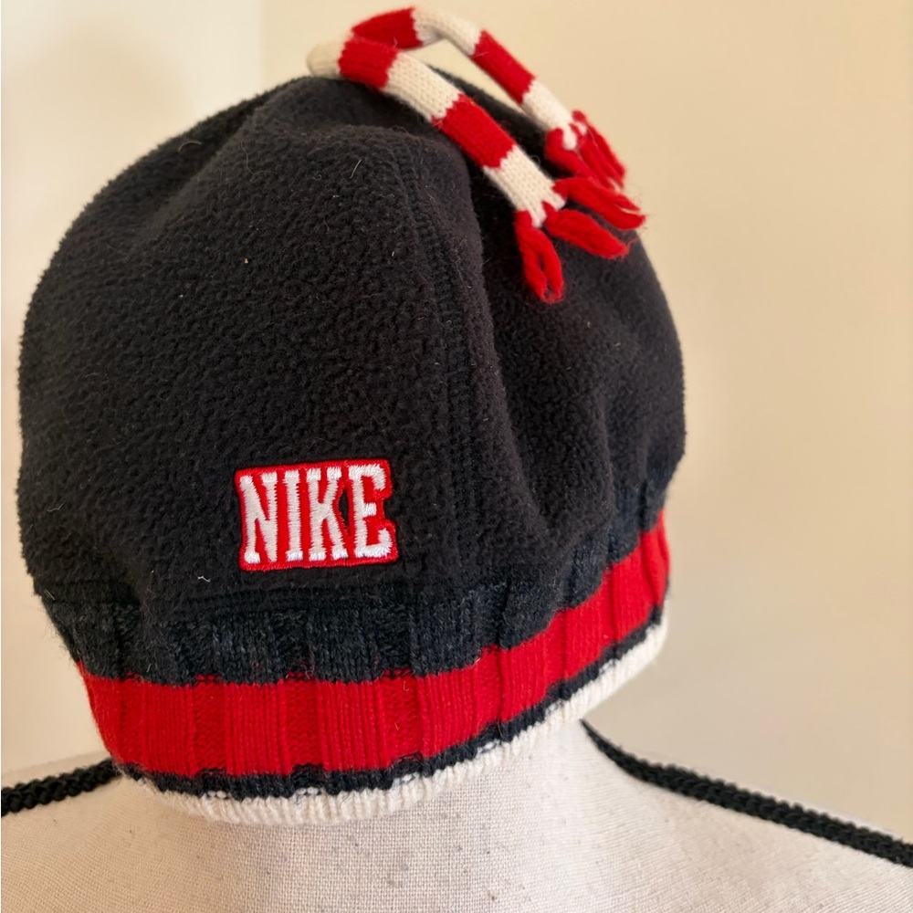 Vintage Nike, fleece beanie black, red with white accent stripes hat UNISEX
